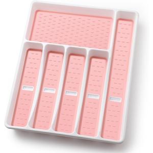 Silverware Organizer with Cutlery IconsPink Kitchen Silverware Tray for DrawerPlastic Flatware Tableware Cultery Drawer Organizer Utensil Organizer with Non-slip TPR Linings6-CompartmentPink