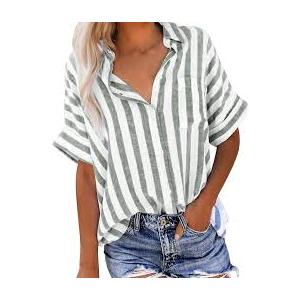 3 x Summer Tops for Women Striped Button Down Shirts Collar Guaze Shirt Trendy Vacation Work Linen Blouse (Green, XL)