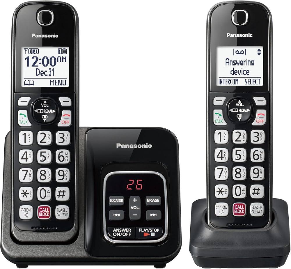 Panasonic Cordless Phone with Answering Machine, Advanced Call Block, Bilingual Caller ID and HighContrast Display, Expandable System with 2 Handset Cordless Telephones  KXTGD832M (Metallic Black)