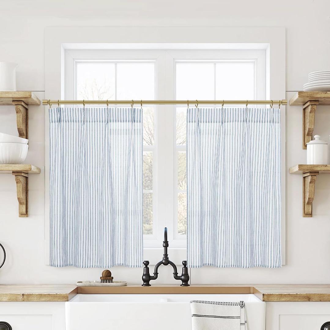 Taupe Striped Kitchen Pinch Pleat Small Curtains with Hooks 20x24 Inch Length for Bathroom Windows