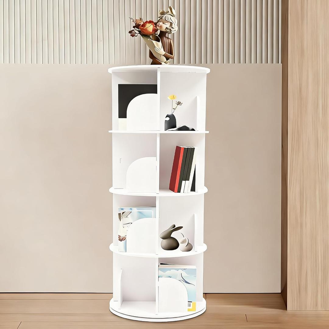 4-Tier Rotating Bookshelf Tower 360 Spinning Bookcase Organizer, White Revolving Book Shelf with 16 Compartments, Freestanding Corner Bookshelf for Bedroom, Living Room, Office, 132 lbs Capacity, 15.8 inches x 45.5 inches x 10.6 inches