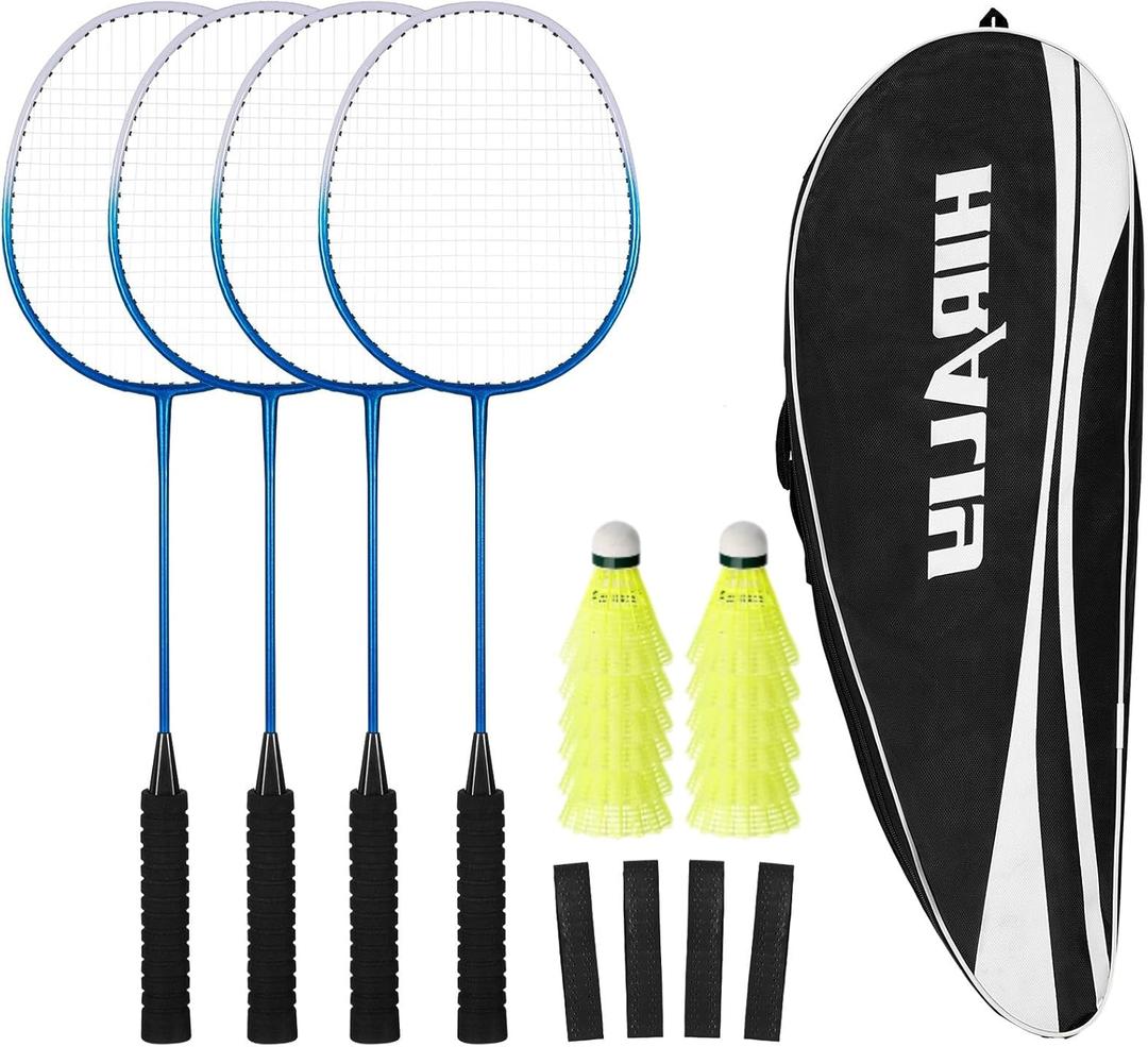 HIRALIY Badminton Rackets Set for Backyards, Lightweight Badminton Set of 4, Includ 4 Rackets, 12 Nylon Birdies, Replacement Grip Tapes, 1 Carrying Bag, Outdoor Games for Adults Family Kids Beginners