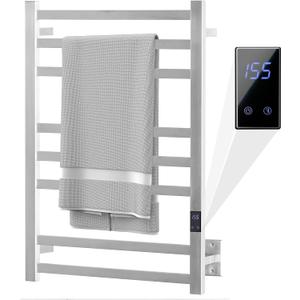 8-Bar Heated Towel Rack - Slim Design, Quick Heating, Adjustable Temperature, 24-Hour Timer - Brushed Stainless Steel - Ideal for Hot Towels in Bathroom