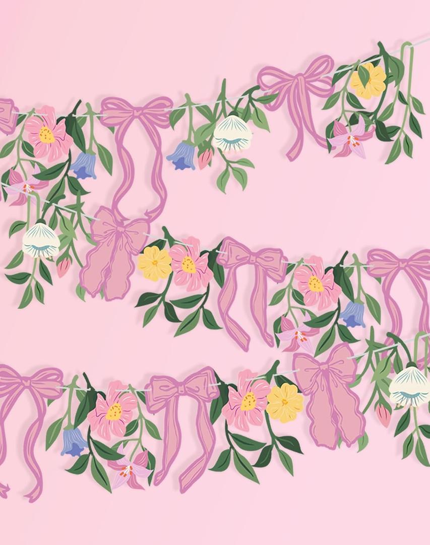 Wildflower Party Decorations, Floral Banner with Pink Bows, Colorful Double-Sided Paper Flower Garland for Birthday Coquette Bridal Baby Shower Garden Party Wedding