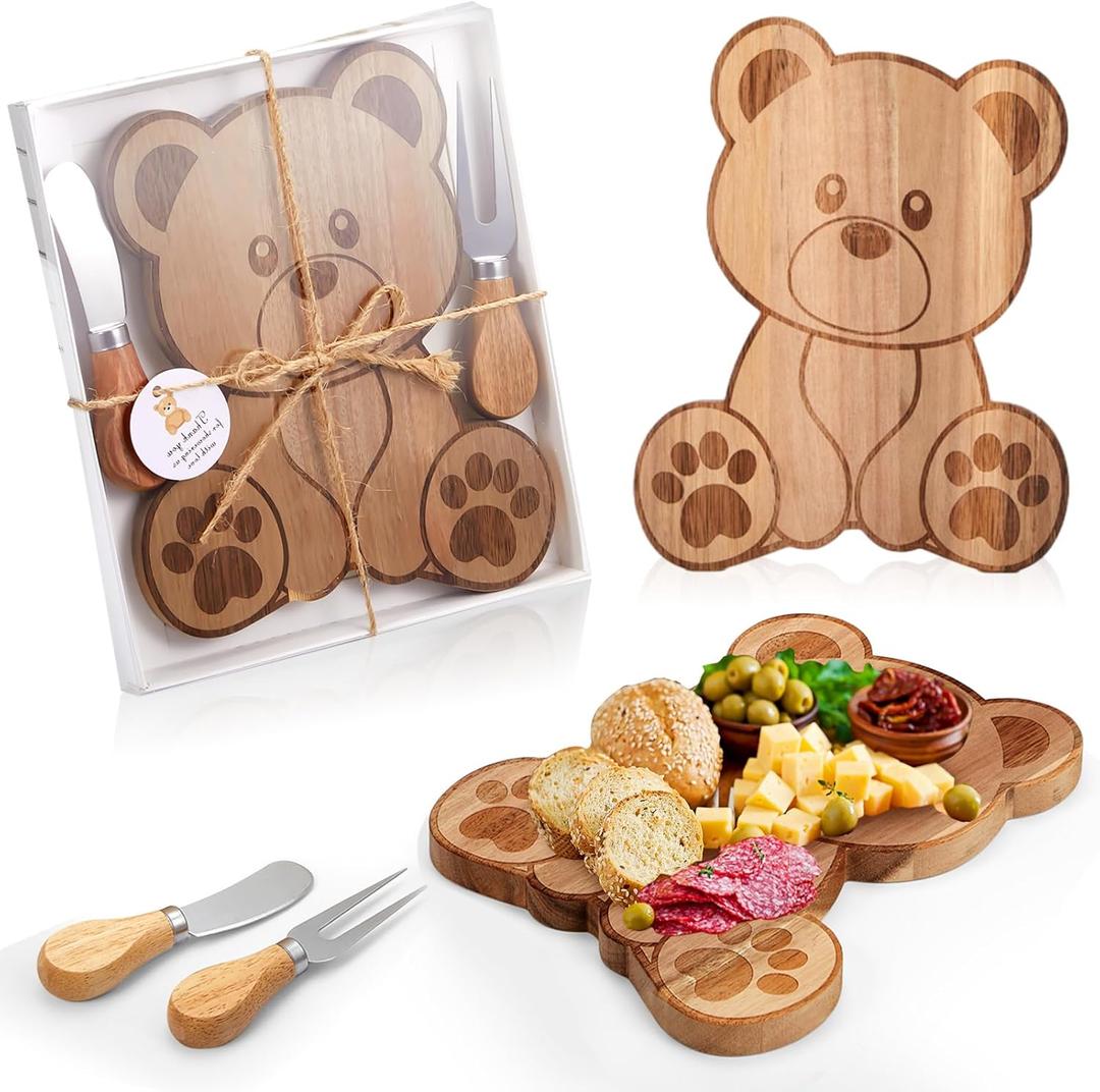 Ziliny 1 Set Baby Shower Prizes Bear Shaped Cheese Board with Cheese Knives and Forks Baby Shower Party Favors Gift Box for Wedding Bridal Birthday Gender Reveal Favor (Acacia Color)