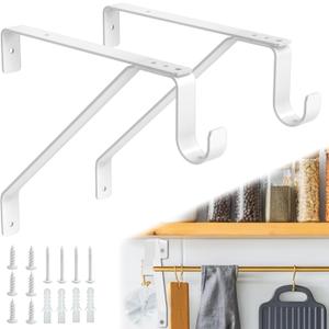 Pisman 10 Inch Heavy Duty Closet Rod Bracket Adjustable 2-Pack, Closet Rod Support with Shelf Bracket and Rod Holders - White Steel Clothes Hanger for Bedroom, Laundry Room Storage