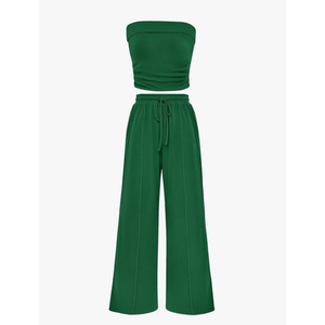 PRETTYGARDEN Womens Summer Outfits 2 Piece Sets Casual Ribbed Knit Crop Tube Top Wide Leg Pants Spring Matching Lounge Set Size M