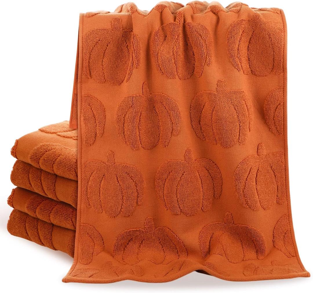 Peryiter 3 Pcs Fall Hand Towels 3D Rust Pumpkin Jacquard Thanksgiving Hand Towels for Bathroom 100% Cotton Soft Kitchen Decorative Set for Autumn Holiday Decor Fall Gift(13.7'' x 29.5'')