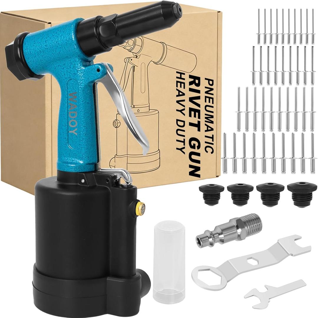 Wadoy Air Rivet Gun Kit,3500 lbf Pneumatic Rivet Gun Heavy Duty Air Riveter with 4 Nosepieces (3/32",1/8",5/32",3/16")&Hydraulic Riveting System, Industrial Air Rivet for Manufacturing, Metal Work