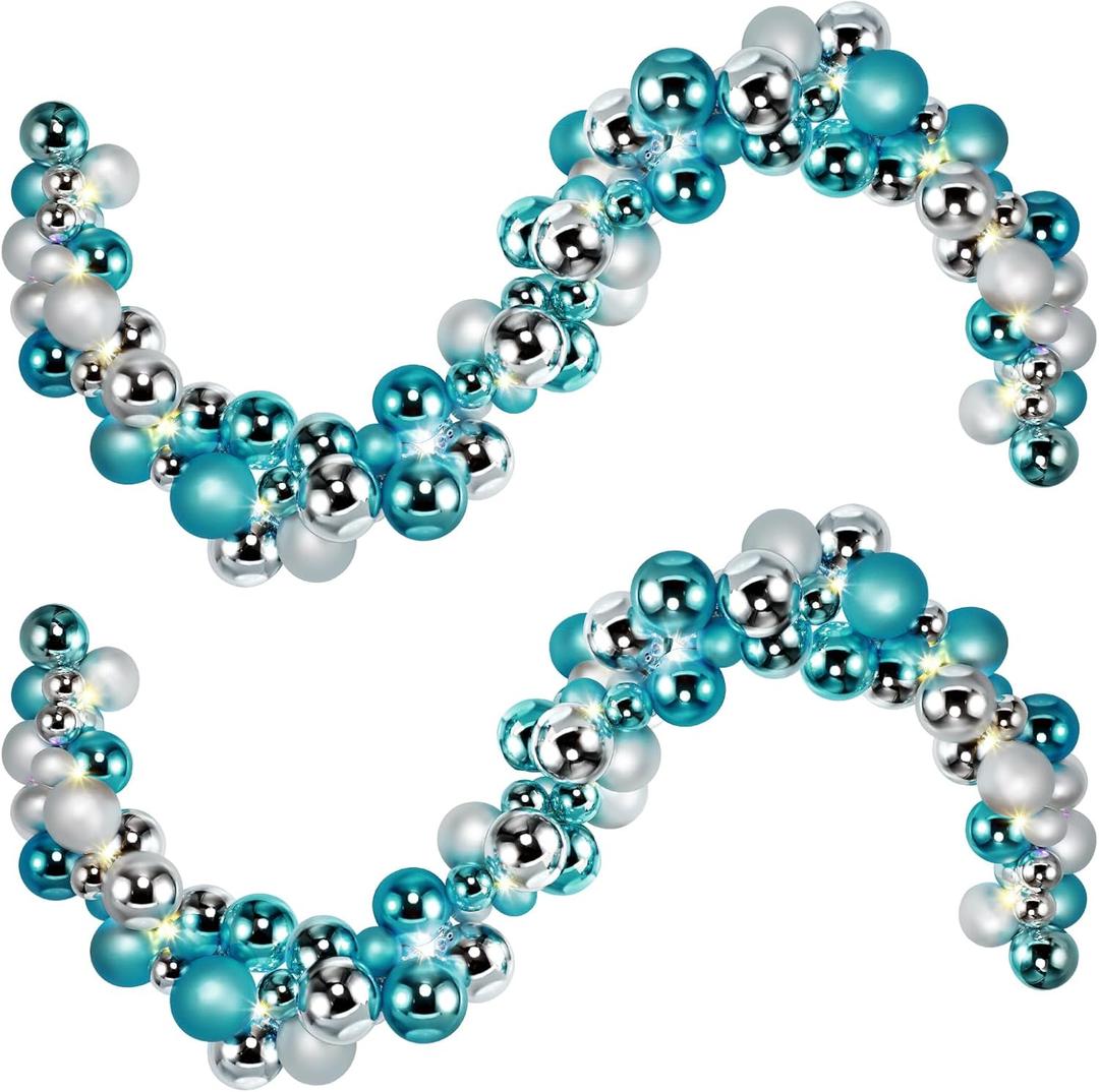 2 Pcs Christmas Balls Garland 6 ft Hanging Ornaments Xmas Balls Decorations with 2 Pcs 10 Feet LED Lights for Home Indoor Outdoor Tree Mantel Wedding Decoration (Blue, Silver)