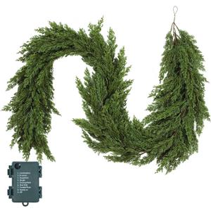 6FT Christmas Cedar Garland with Lights Artificial Realistic Faux Real Touch Greenery Garland Mantle Stairs Fireplace Porch Table Wall Decor Outdoor Indoor Home Decorations (Battery Not Included)