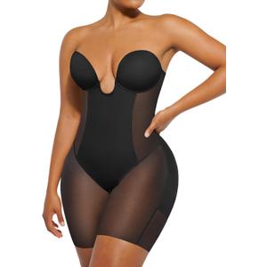SHAPELLX Strapless Shapewear for Women Deep Plunge Corset Tummy Control Backless Bodysuit Mid Thigh Full Body Shaper (Medium, 01-black-standard Cup (B-d)) Medium