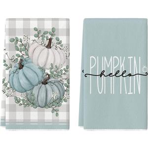 Artoid Mode Hello Pumpkin Eucalyptus Leaves Fall Kitchen Towels Dish Towels, 18x26 Inch Autumn Thanksgiving Harvest Tea Hand Towel Set of 2 (Blue)