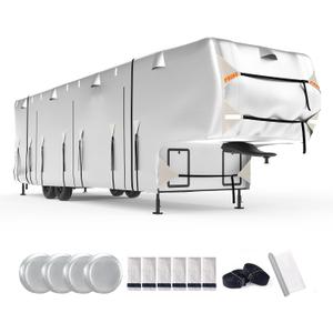 FRUNO Oxford Fabric 5th Wheel RV Cover Fits 33'-37' Waterproof Rip-Resistant Anti-UV Fifth Wheel Toy Hauler Camper Cover for Winter Snow with 4 Tire Covers and Gutter Covers