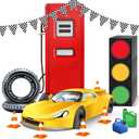 Soulchen 15 Pcs Race Car Birthday Party Decorations 73 Inch Racing Gas Station Backdrop Race Car Cardboard Cutout Checkered Pennant Banner Traffic Light Box Wheel Balloons Photo Booth Prop