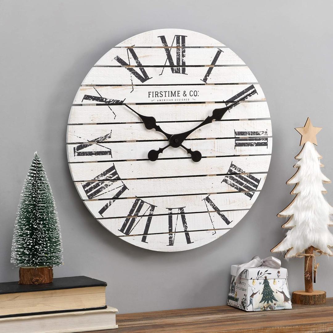 FirsTime & Co. White Farmhouse Shiplap Wall Clock, Large Vintage Decor for Living Room, Home Office, Round, Wood, Boho, 18 inches