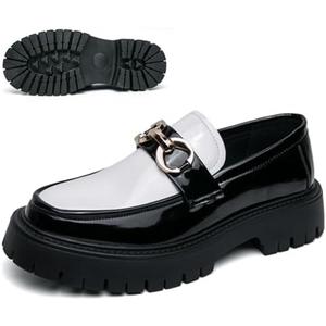Men's Patent Leather Chunky Platform Penny Loafers with Metal Decoration Slip-On Lug Sole Dress Business Work Shoes Daily Non-Slip Shock Absorbing Casual Shoes (10, White and Black)