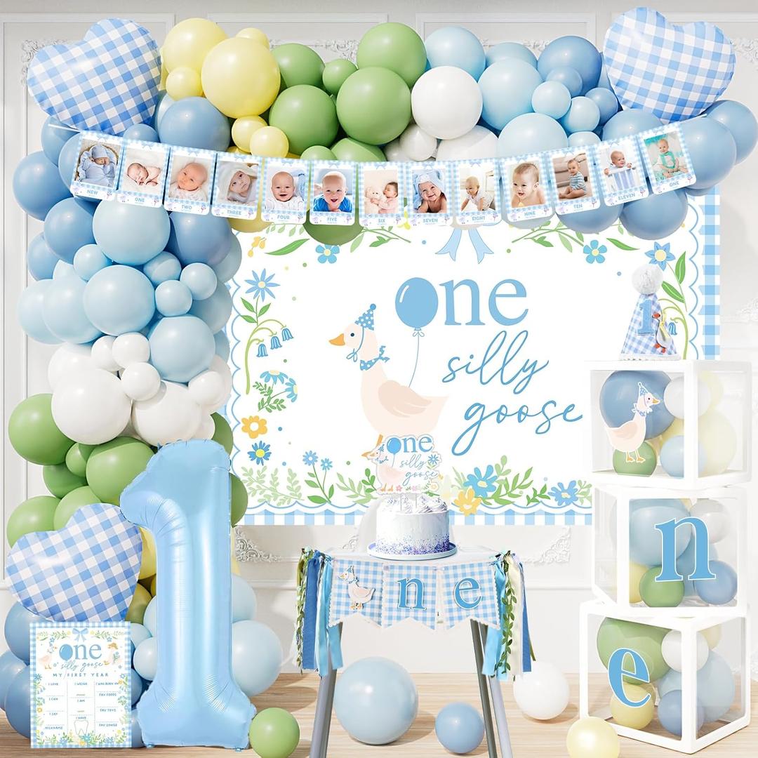 One Silly Goose Birthday Decorations, Blue Silly Goose First Birthday for Boys, Goose 1st Highchair Banner Balloon Garland Box Monthly Photo Cake Topper Hat Poster for Boys Funny Party Supplies