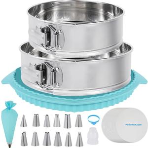 Aufind Springform Pan Set for Baking (9,10inches), 304 Stainless Steel Springform Cake Pan with Removable Bottom, Cheesecake Pan with 50PCS Parchment Paper for Pie Cake Pizza and Quiches