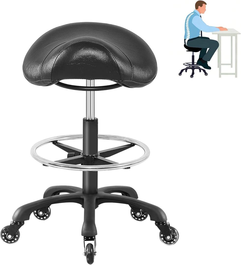 Saddle Salon Stool with Footrest,Heavy Duty, Adjustable Height, Rolling Esthetician Chair for Tattoo Spa Medical Dentist Clinic (Black)