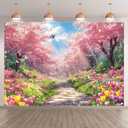 7X5ft Spring Scenery Backdrop Garden Cherry Blossom Tree Path Butterfly Tulip Photography Background Kids Baby Shower Wedding Party Decorations Photo Banner Props