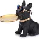 Resin French Bulldog Statue Storage Tray, Key Tray for Entryway Table, Cute Dog Butler Statue with Tray, Black French Bulldog Figurine Animal Sculpture Table Decoration for Home Office (A-6)