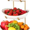 Honeydak 3 Tier Ceramic Fruit Bowl for Kitchen Counter Tiered Fruit Stands for Kitchen Counter Ceramic Serving Display Bowls with Metal Stand for Dessert Snack Vegetable Storage, Party, Cute & Small