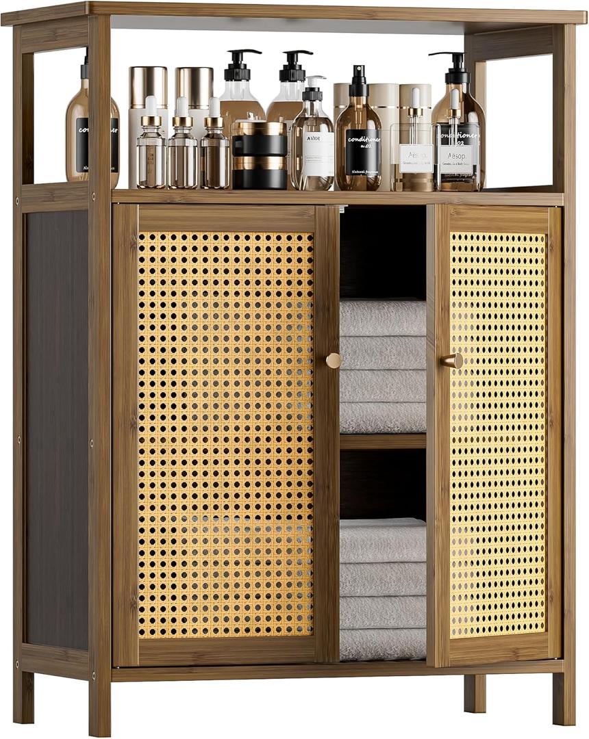 HITNET Rattan Bathroom Storage Cabinet, Bamboo Floor Cabinet with 2 Doors and Open Shelf, Freestanding Cupboard for Living Room, Entryway, Kitchen, Walnut