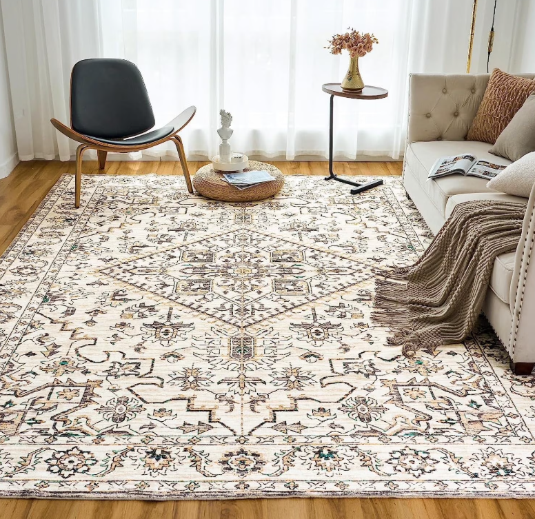 VK·LIVING Area Rugs Machine Washable Rug 9'x 12' Vintage Design Washable Area Rugs with Non Slip Rugs for Living Room Bedroom Traditional Woven Rug Carpet Stain Resistant, Home Decor Office Boho Rug, Beige