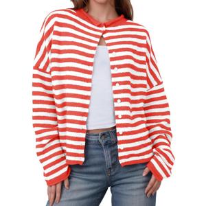 AELSON Womens Cardigan Sweaters Striped Long Sleeve Open Front Button Down Lightweight Knit Fall Fashion Outfits (X-Large, Red)