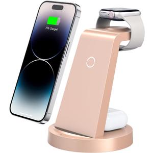 3 in 1 Charging Station for iPhone, Wireless Charger for iPhone 16e 16 15 14 13 12 11 X Pro Max & Apple Watch - Charging Stand Dock for AirPods (Rose)