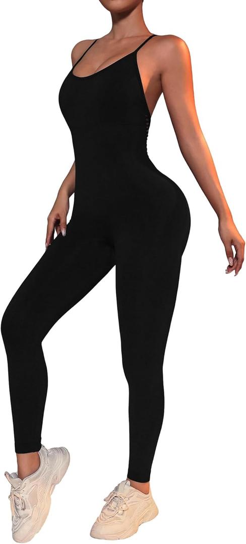 Women's Sleeveless Backless V-Neck Sexy Workout Jumpsuit (Medium, 1black)