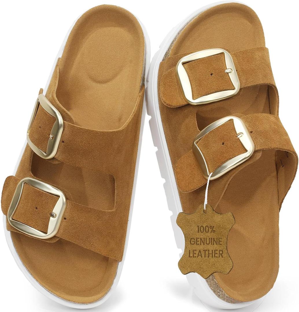 Genuine Leather Platform Sandals Wedge Chunky Platform Sandal-Women Sandals with EVA Memory Foam Sole and Cork Footbed