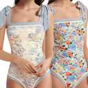 SKAYS Reversible Floral One Piece Swimsuit Women Bathing Suit Vintage Cute with Adjustable Straps Swimwear (2-4, Small, Blue)