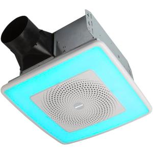 Broan-NuTone SPK110RGBL ChromaComfort Bathroom Exhaust Fan, 110CFM/1.5 Sones, with Sensonic Bluetooth Speaker and 24-color LED Light, Wall Switch included, White