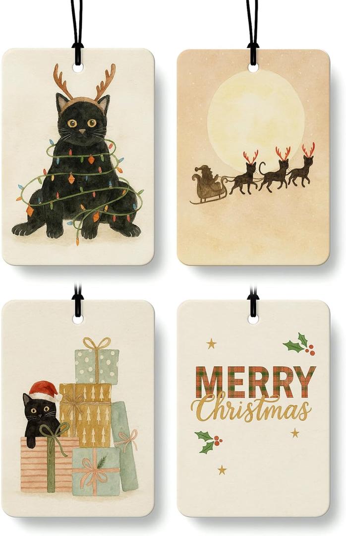 Black Cat Christmas Berry Car Air Freshener 4 Pcs, Cat Lover Gifts, Merry Christmas Hanging Air Freshener for Cars Closet Drawer Books, Cute Xmas Car Accessories Mirror Decor for Women