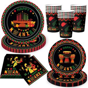 90Pcs Kwanzaa Party Supplies Disposable Tableware Set Plates Cups Napkins for African Holiday Kwanzaa Party Table Decorations Supplies Serves 20