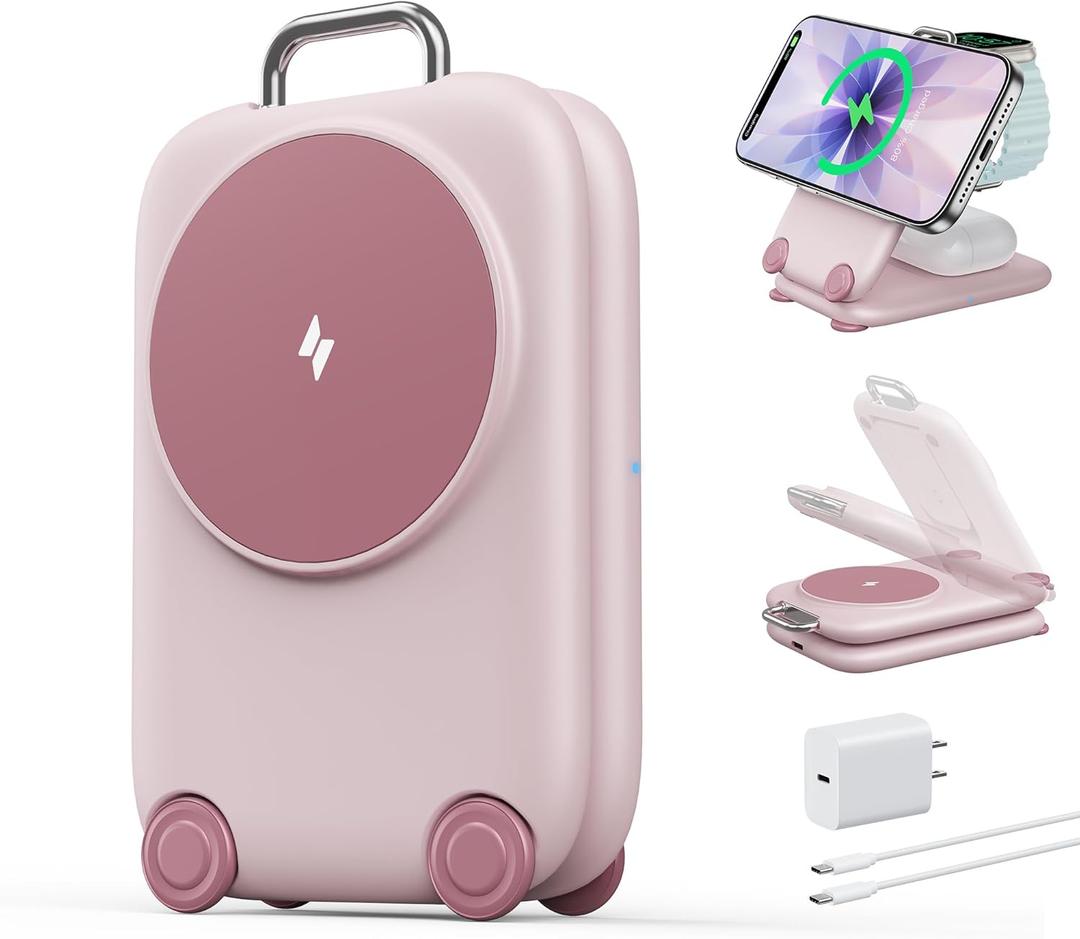 PaktVault 2026 Traveling Fast Wireless Charging Station for Apple Devices, Magnetic 3 in 1 MagSafe Charger Stand for iPhone 17 16 15 14 13 12 Pro Max Plus Air, Apple Watch&Air pods Pro, Pink
