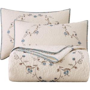 vctops 3-Piece 100% Cotton Bedspread Coverlet Set King Size Elegant Floral Embroidered Reversible Patchwork 1 Quilt and 2 Pillow Shams (Flower B,King)