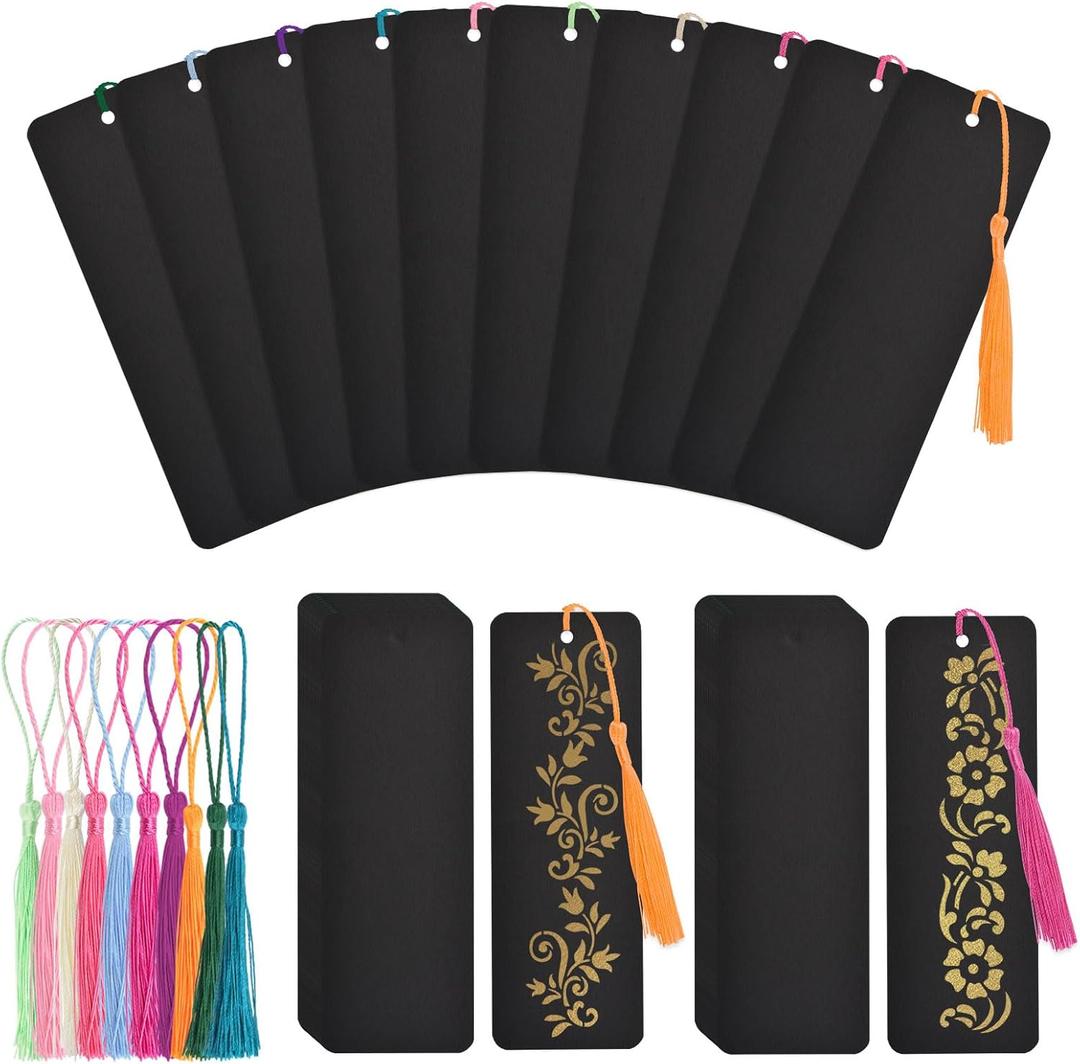 WANDIC 60 Pcs Blank Bookmarks, Black Bookmarks with 60 Pcs Colorful Tassels Thick Cardstock Paper Bookmark with Hole for DIY Craft Projects Supplies Gift Tags Book Decor