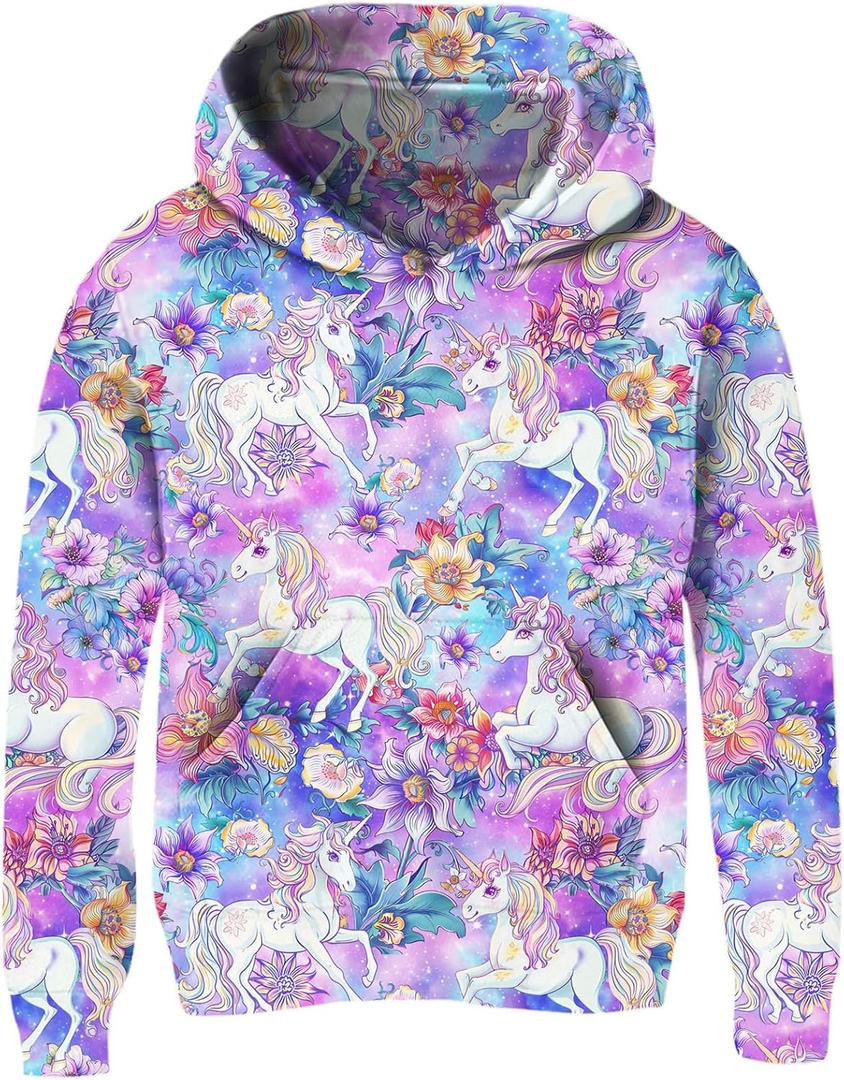 Ahegao Girl Hoodies Girl White Unicorn Sweatshirts Lightweight 7-8 Years Girl's Pink Flowers Pullover Sports Long Sleeve Hooded Sweaters