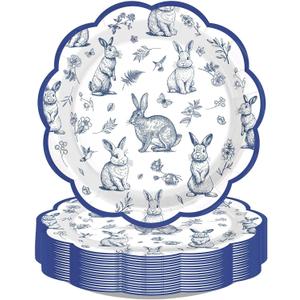 50Pcs Blue Floral Paper Plates 9" Heavy Duty Blue White Retro Flower Rabbit Party Decoration Disposable Chinoiserie Vintage Floral Scalloped Plates for Spring Tea Party Bridal Wedding Supplies