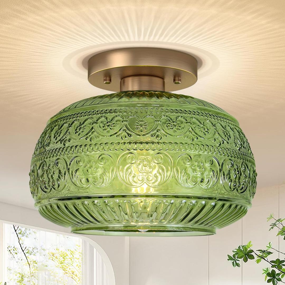 Semi Flush Mount Ceiling Light Fixture, 11" Vintage Gold Hallway Lights Fixture Ceiling with Green Glass for Kitchen, Hallway, Bathroom and Entry Way,Compatible with E26 Light Bulb