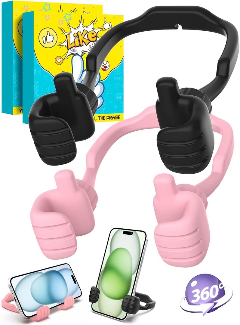 Stocking Stuffers for Teens Girls Boys Adults Cell Phone Stand: UPGRADE Adjustable Thumbs Up Lazy Phone Holder for Desk Cool Gadgets Fun Birthday Gift Ideas for Kids Teenager Women Gifts for Christmas (Black & Pink)