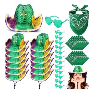 36 Pieces Light up Space Cowgirl Hat Bulk Green LED Cowboy Costume Accessories with Glasses Paisley Bandanna for Girls Women Birthday Party (Purple, Green, Gold)