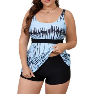 Mooncore Womens Plus Size Tankini Swimsuits Two Piece Tummy Control Bathing Suits Swim Tank Tops with Boy Shorts Swimwear (X-Large Plus, Blue&black Stripes)