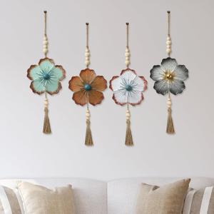 Tandefio 4 Pcs Metal Flower Wall Decor 7.9 x 22 Inch Large Metal Wall Art Decor Rustic Blue Floral Hanging Art for Living Room Home Bathroom Bedroom Indoor Outdoor (Retro)