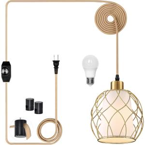 Plug in Pendant Light, Gold Hanging Lamp with Dimmable Switch, 15 ft Golden Cotton Cord, Hanging Light Fixture for Kitchen, Living Room, Bedroom (Bulb Included)