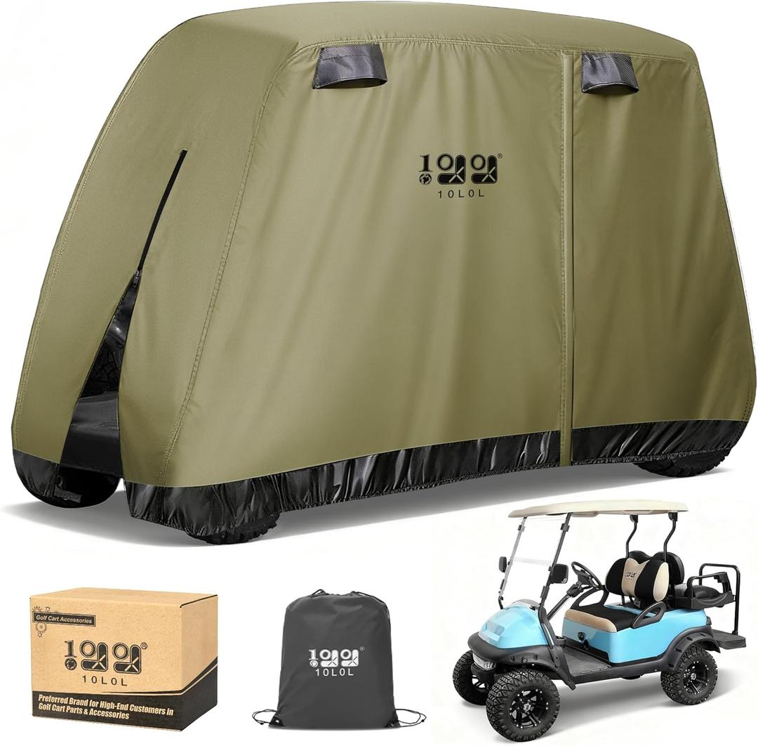 10L0L Golf Cart Cover 2/4/4+2 Passenger for Yamaha EZGO Club Car, Heavy Duty 420D Waterproof Windproof Durable Polyester Golf Cart Cover with 3 Zipper Doors for All-Weather Protection (Black/Silver) (Army Green) Size: L- For 2/2+2/4 Passenger Cart