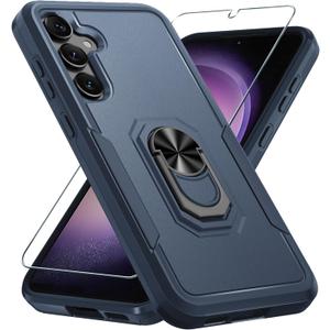 Compatible with Samsung Galaxy S24/S25 Case with Screen Protector Tempered Glass,Heavy Duty Shockproof Full Body Phone Cover Built in Metal Ring Holder Kickstand,2025 Navy Blue